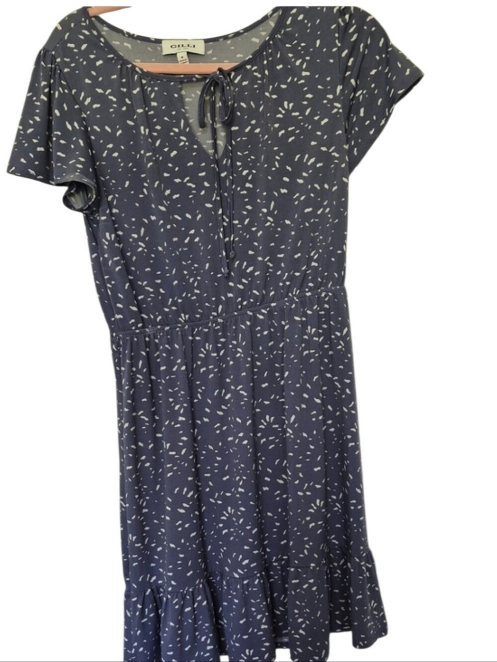 Gilli Size Medium Purple Speckled Tiered Dress Stretchy Tie Neck